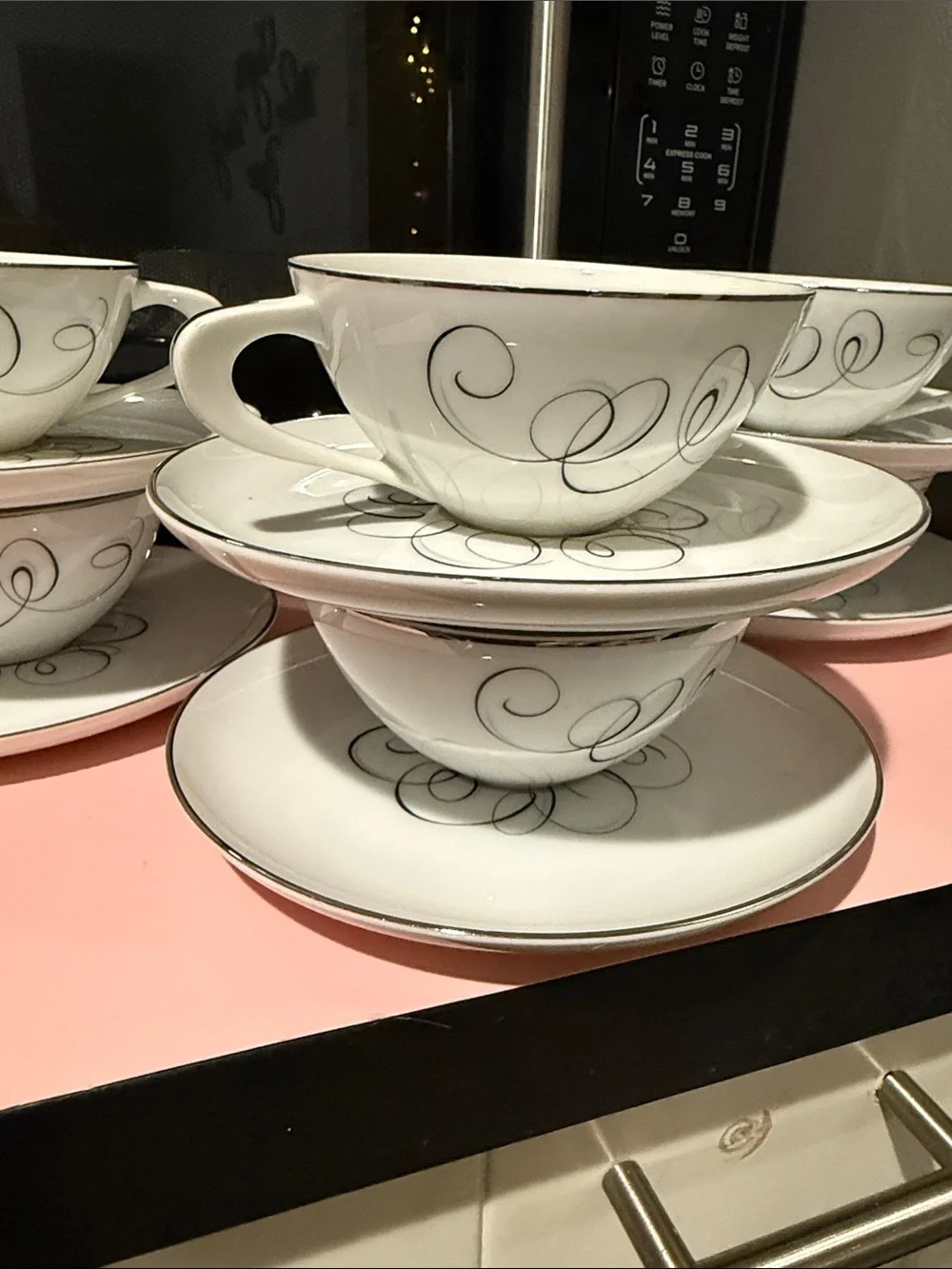 Style House Fine China Teacup and Saucer Set with Silver Scroll Accent- set of 6